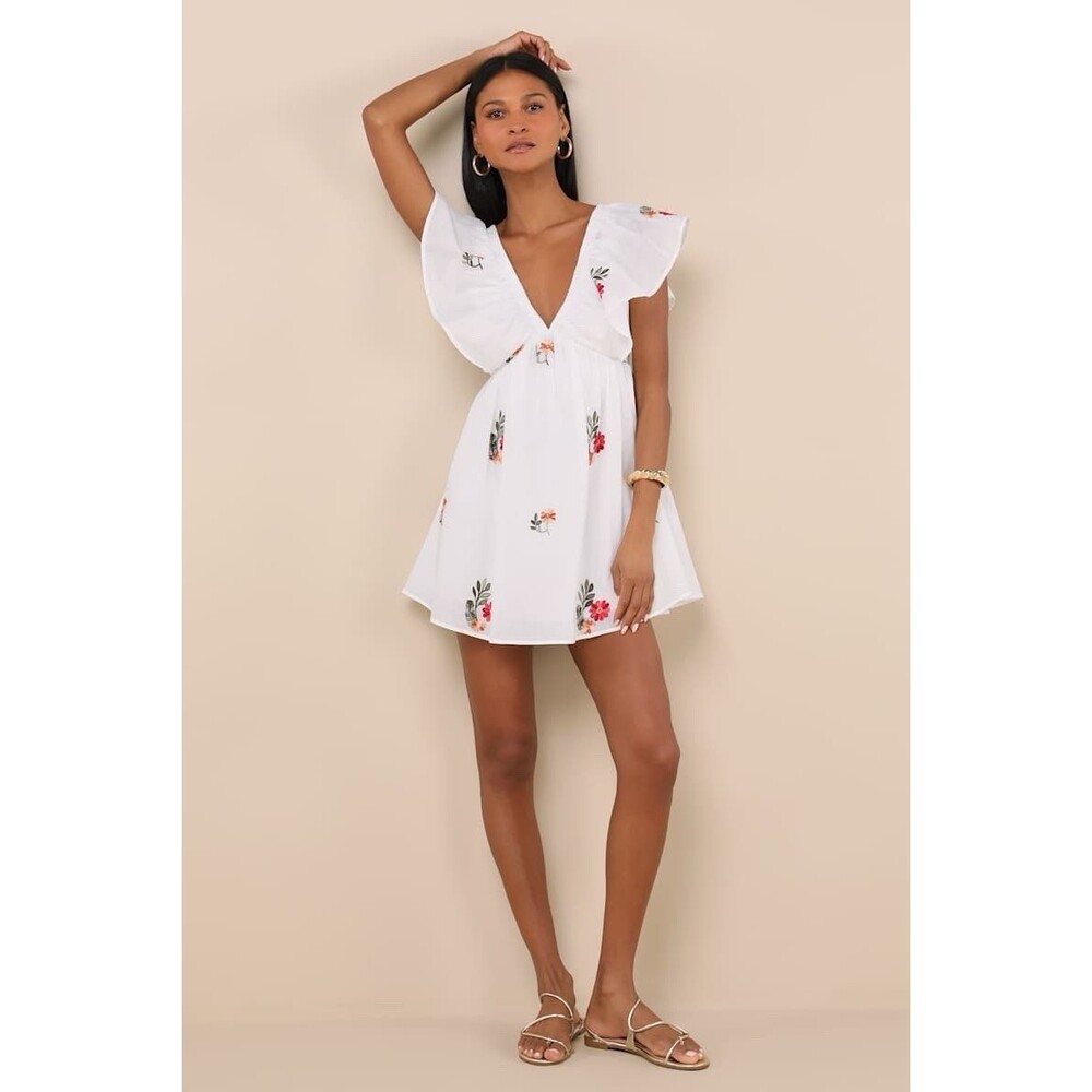 Lulus White Embroidered Flutter Sleeve Mini Dress NWT Size M Medium - Picture 2 of 8